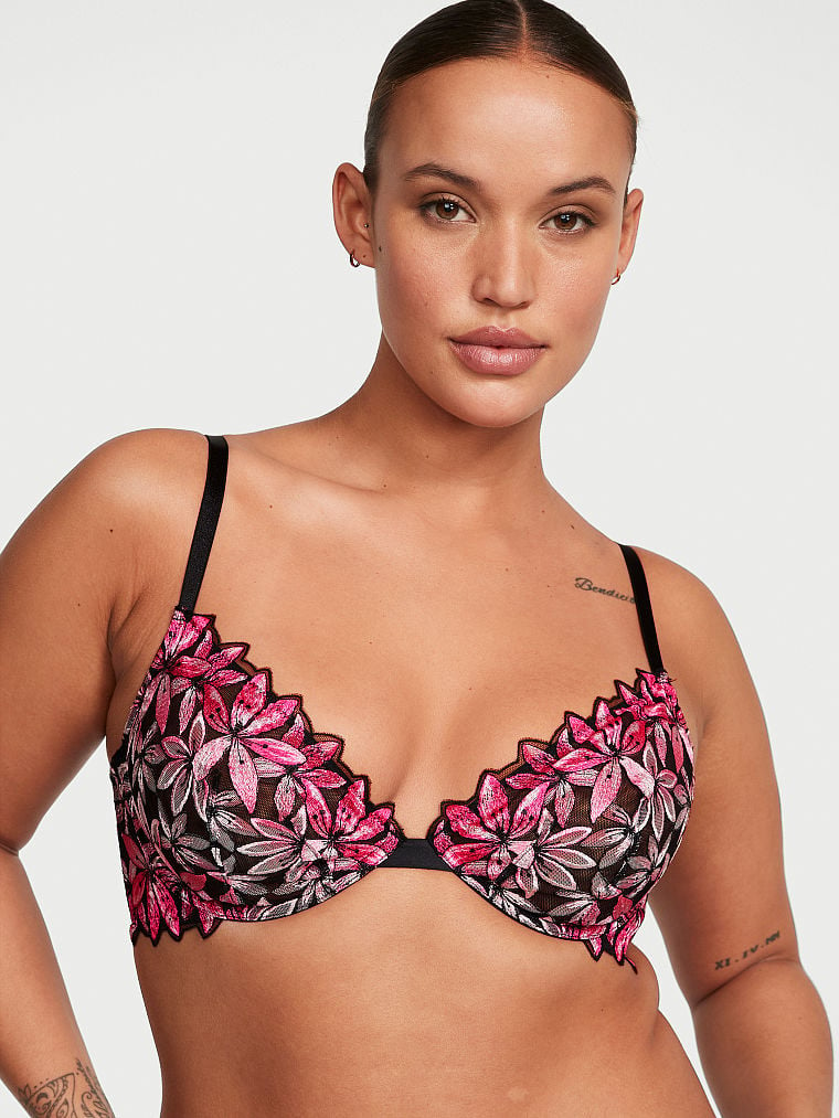 Satin Ziggy Glam Floral Embroidery Strappy Open-Cup Bra