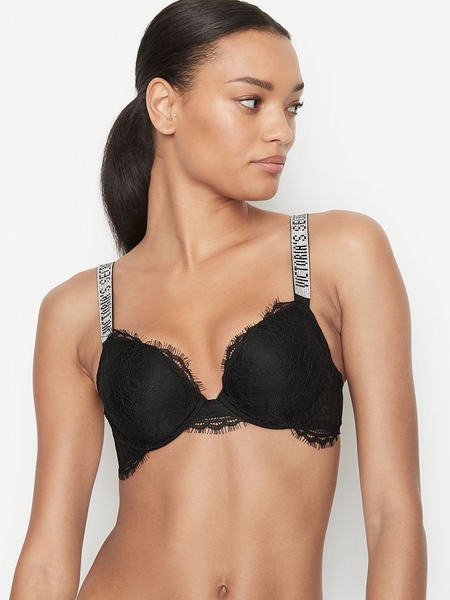  Victorias Secret Bombshell Shine Strap Push Up Bra, Add 2  Cups, Plunge Neckline, Lace, Bras For Women, Very Sexy Collection, Black