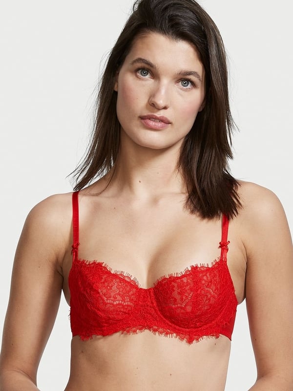 Linking Hearts Embroidery Unlined Lace Balconette Bra in Pink