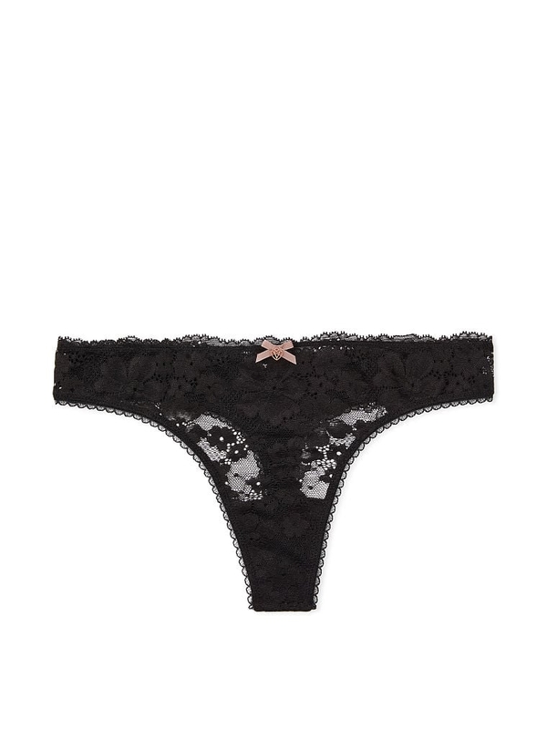 Cotton Essentials Lace-Trim Thong Panty in Black