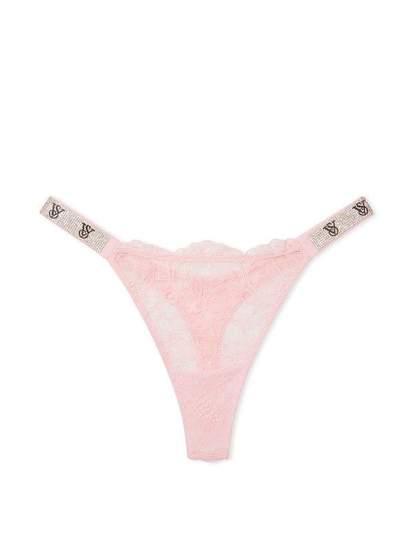 Pink Lace Thong Panties With Rhinestone Detail