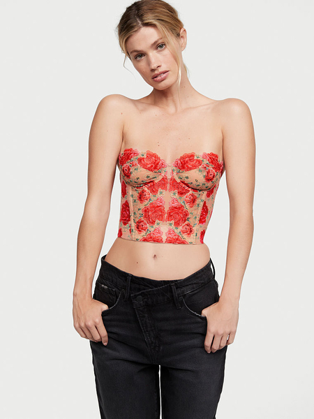 Rosebud Embroidery Unlined Strapless Plunge-Back Corset Top